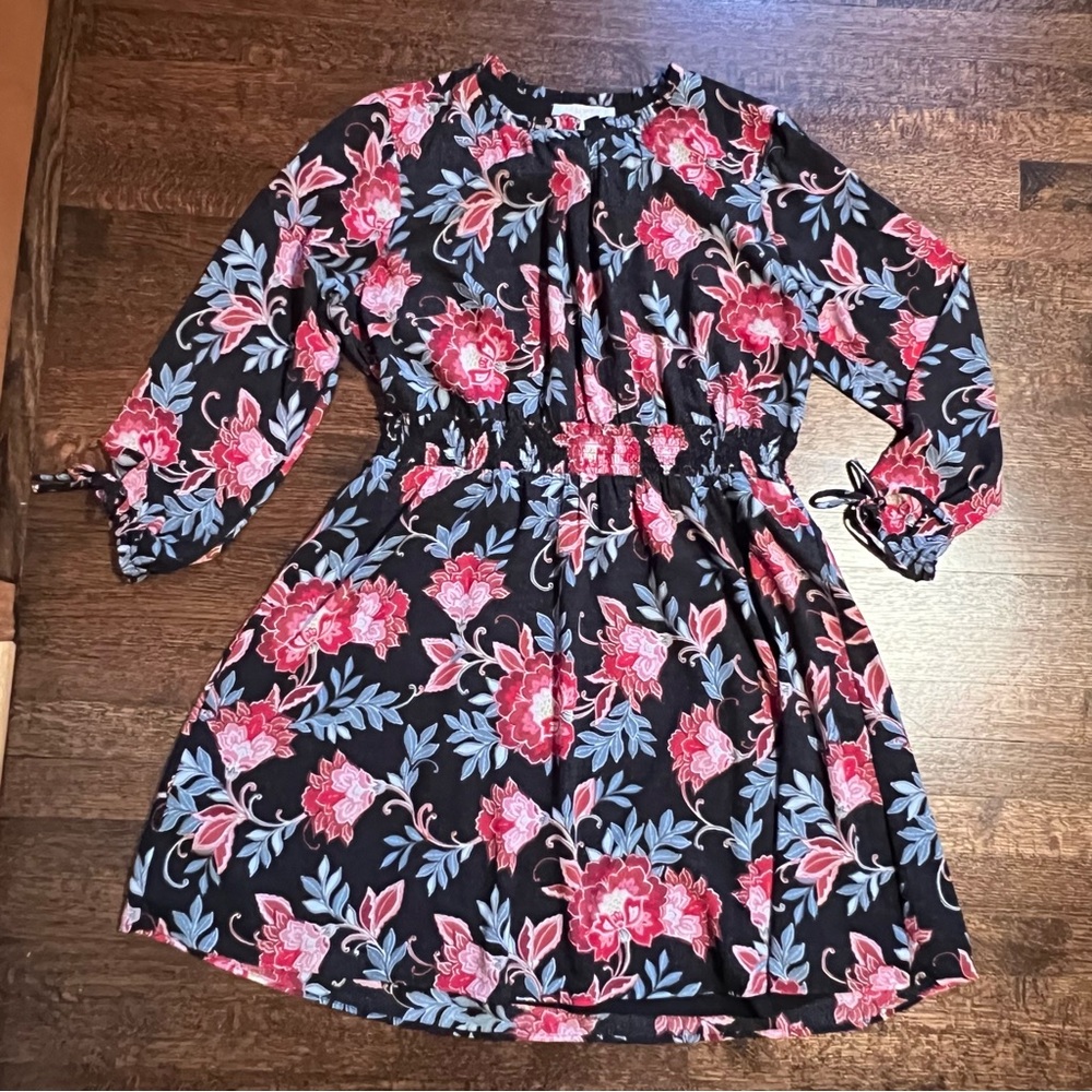 LOFT Black Floral Long Sleeve Dress with Pink and Blue Flowers